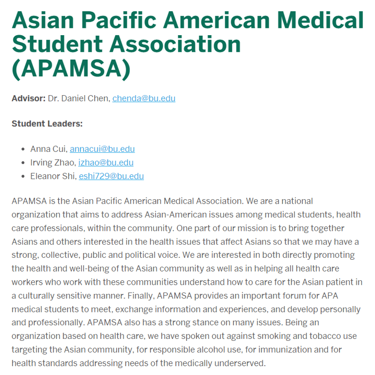 BU Asian Pacific American Medical Student Association - Chinese organization in Boston MA